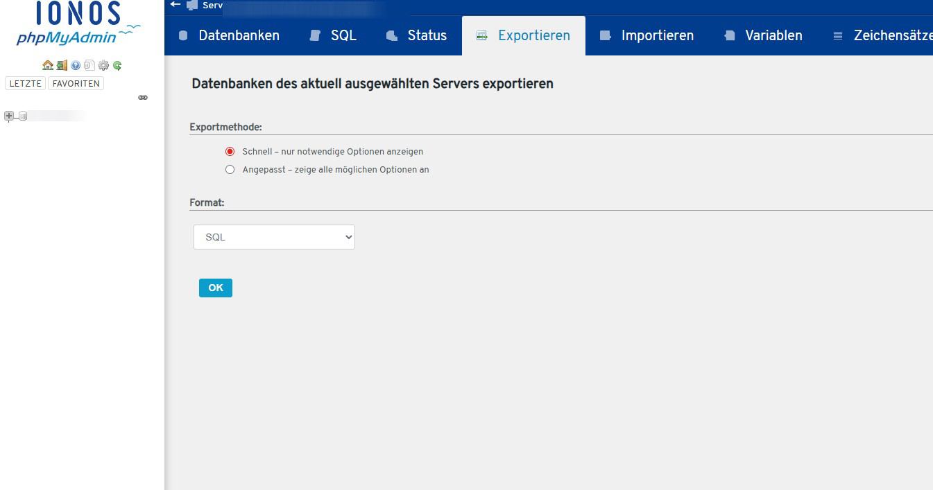 Exportieren einer Datenbank aus dem PHP My Admin 